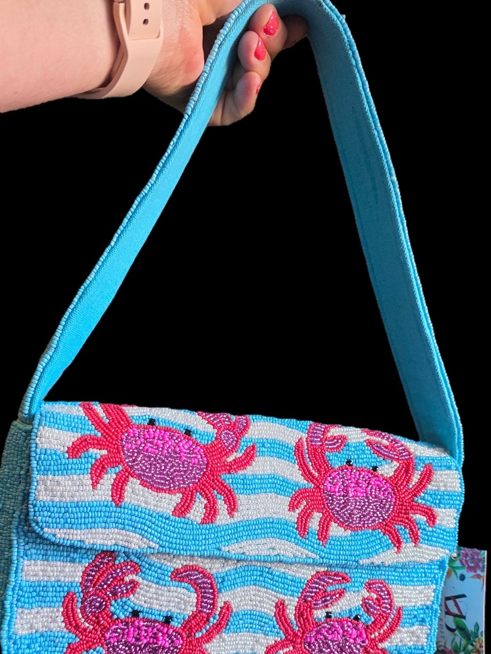 Beaded Crab Motif Shoulder Bag in Light Blue and Red - Picture 2 of 9